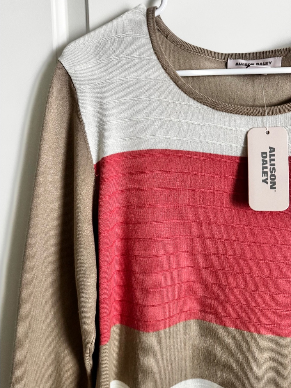 Allison Daley NWT Colorblock Knit Sweater Top Coral Pink Taupe Ivory Large - Picture 7 of 11